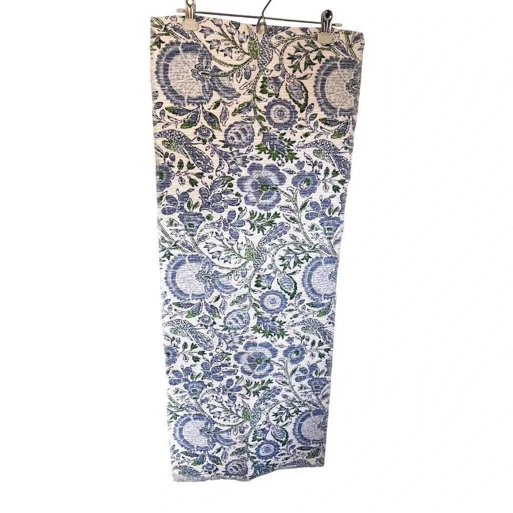 Rachel Zoe Blue Green Floral Block Print Cotton Table Runner 17x88 Frayed Edge